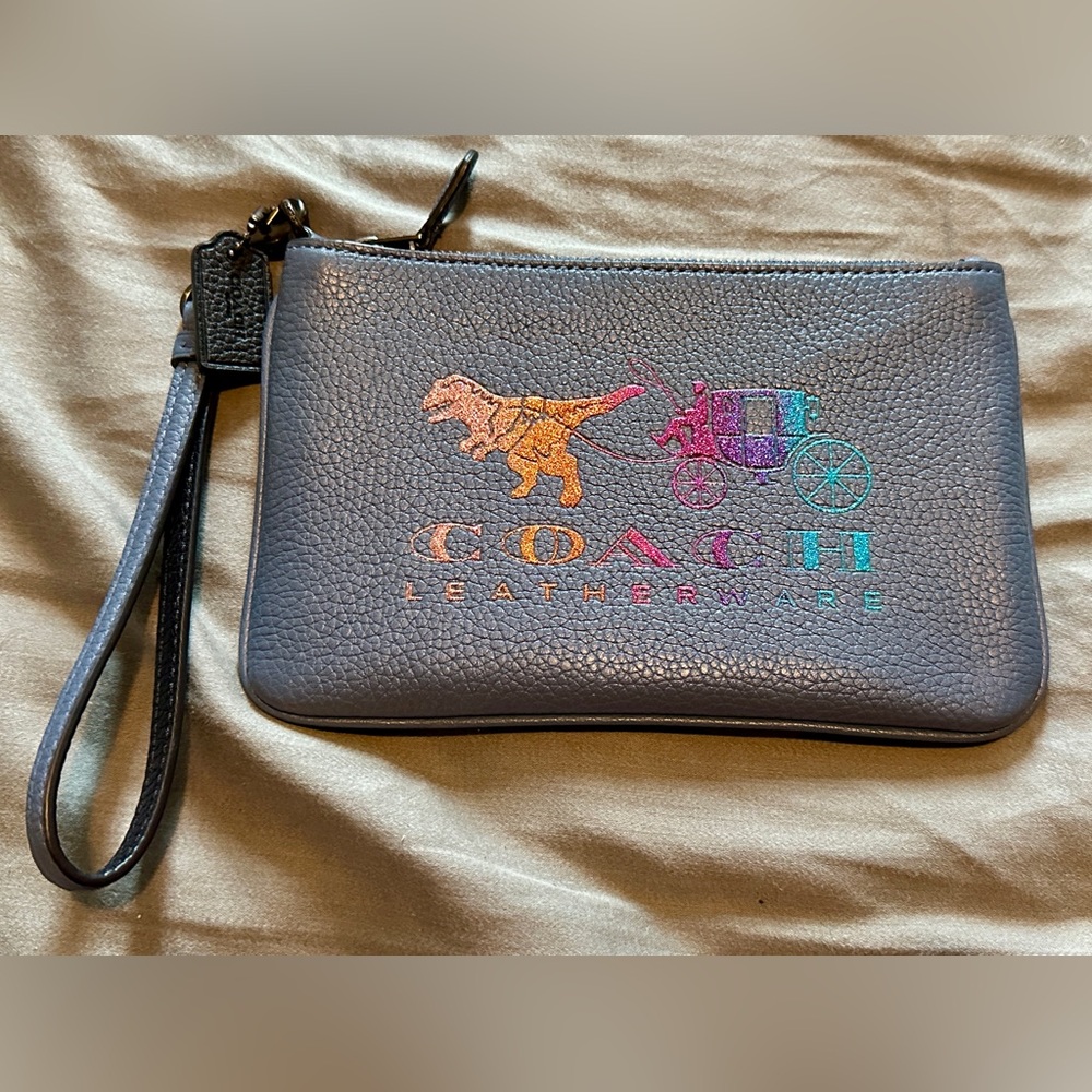 Coach Large Blue Leather Wristlet with Rexy and Carriage - Rare - Like new